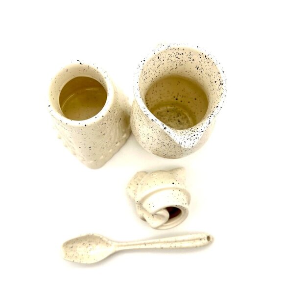 Anthropologie Ceramic Creamer Sugar Bowl Spoon Set Bird Chicken Speckled Pottery - Picture 6 of 7